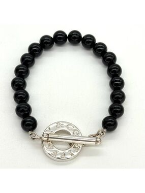 Tiffany & Co. Sterling Silver 8mm Onyx Bead Toggle Bracelet 7.5"